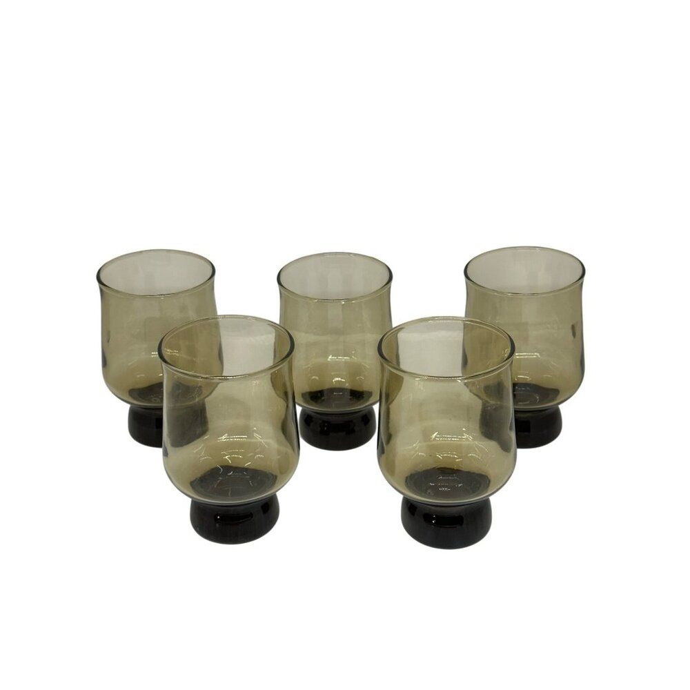 VTG Anchor Hocking Libbey Tawny Smokey Brown Glasses Set 5‎ Mid-Century USA 4.5"
